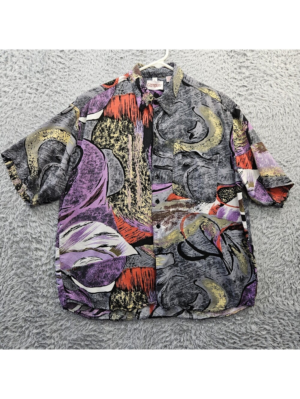 Vintage 80's Campus Rayon Abstract Art Print Button Front Shirt Large Disco